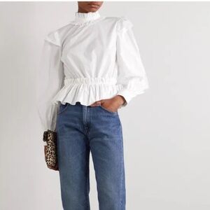 GANNI ruffled organic cotton-poplin peplum blouse